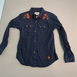 Ariat Western Shirt Youth small Navy Long Sleeve Pockets Logo Collar Button Down